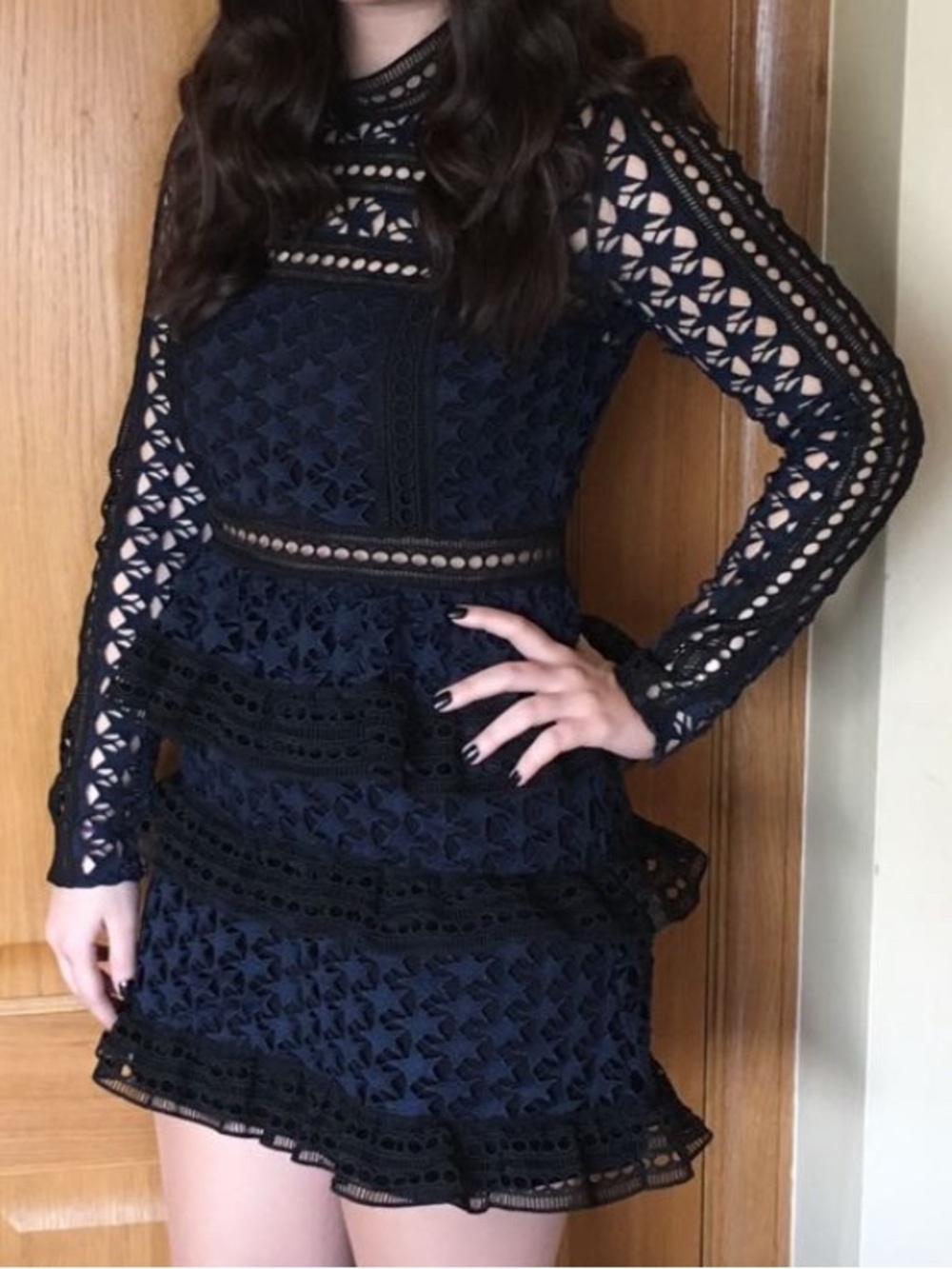 Self-Portrait Navy & Black Lace Long-Sleeve Mini Dress